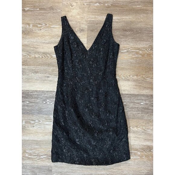 Carmen Marc Valvo Sz 10 Black Soutache Lace Mesh Beaded V Neck Sheath Dress - Picture 1 of 7